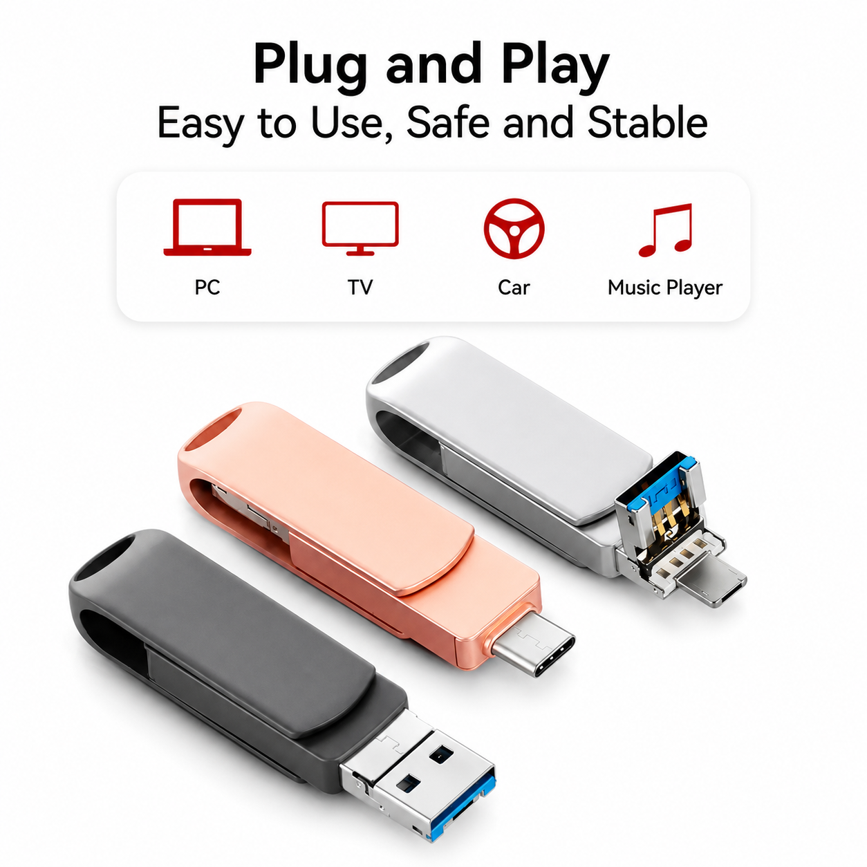 3-in-1 USB OTG Flash Drive – USB, Type-C & Lightning High-Speed Memory Stick
